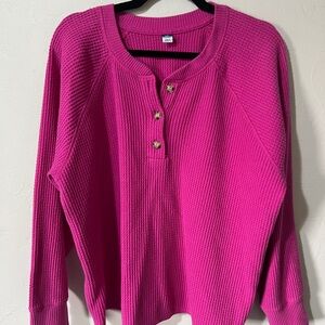 Bright Pink Waffle Knit Henley Sweater